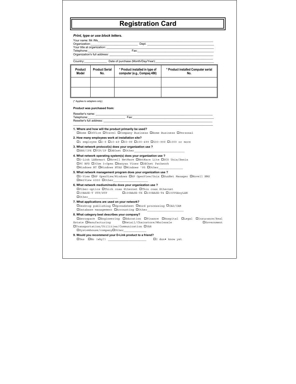 Registration card | D-Link DFE-530TX+ User Manual | Page 24 / 27