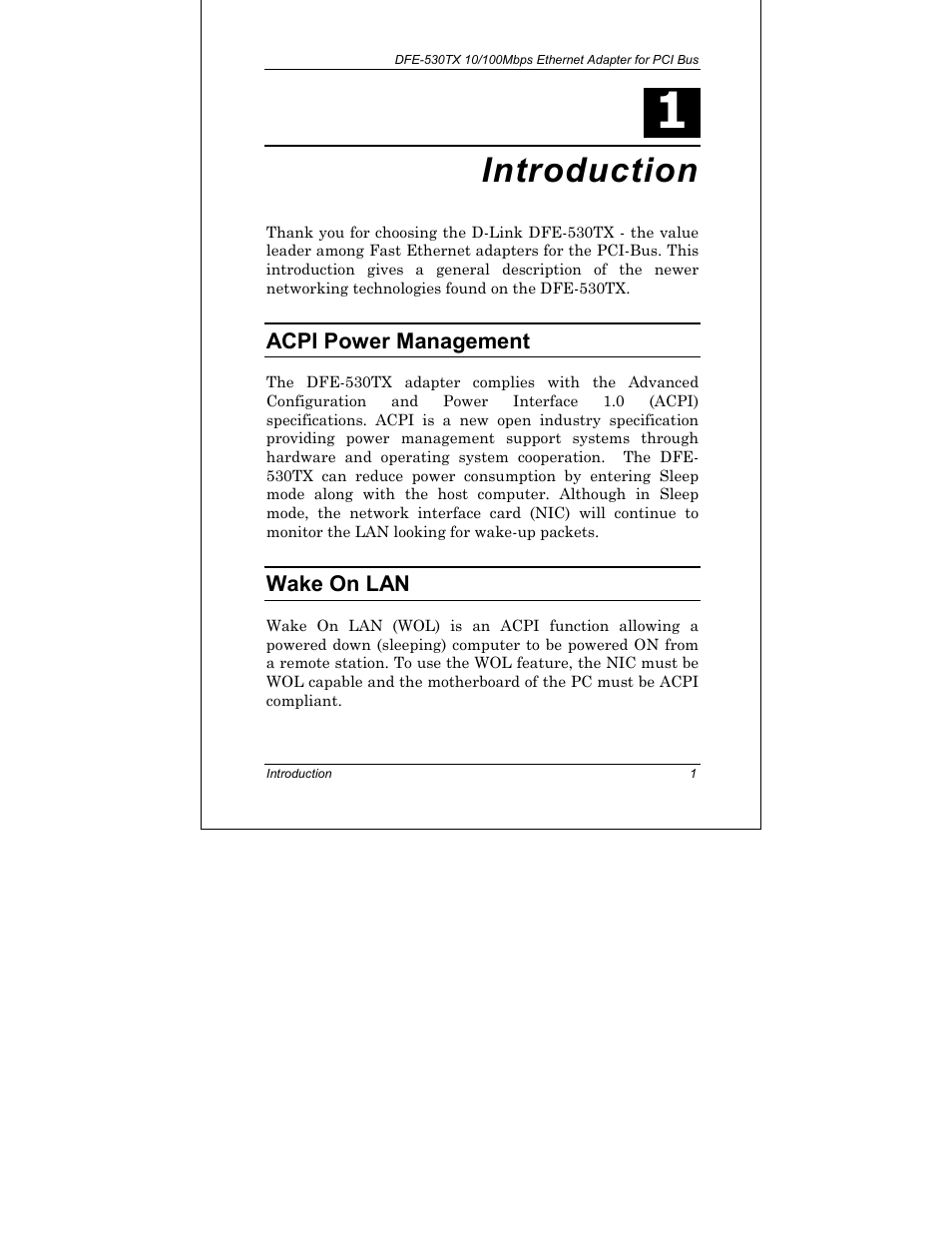 Introduction, Acpi power management, Wake on lan | D-Link DFE-530TX+ User Manual | Page 9 / 27