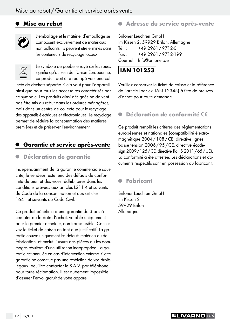 Mise au rebut / garantie et service après-vente, Introduzione | Livarno 1307-022L User Manual | Page 12 / 21