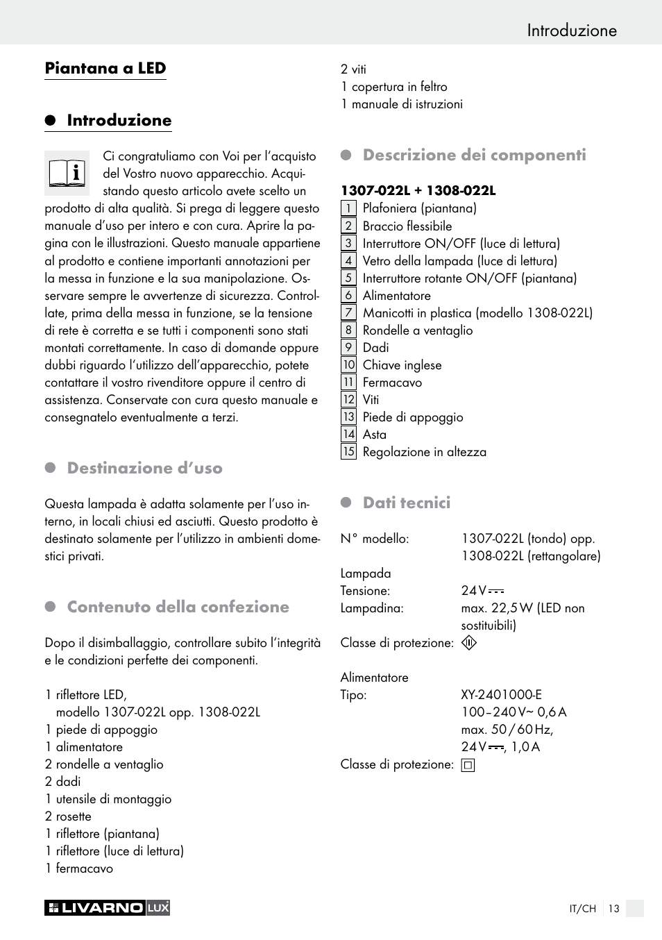Piantana a led introduzione, Destinazione d’uso, Contenuto della confezione | Descrizione dei componenti, Dati tecnici | Livarno 1307-022L User Manual | Page 13 / 21