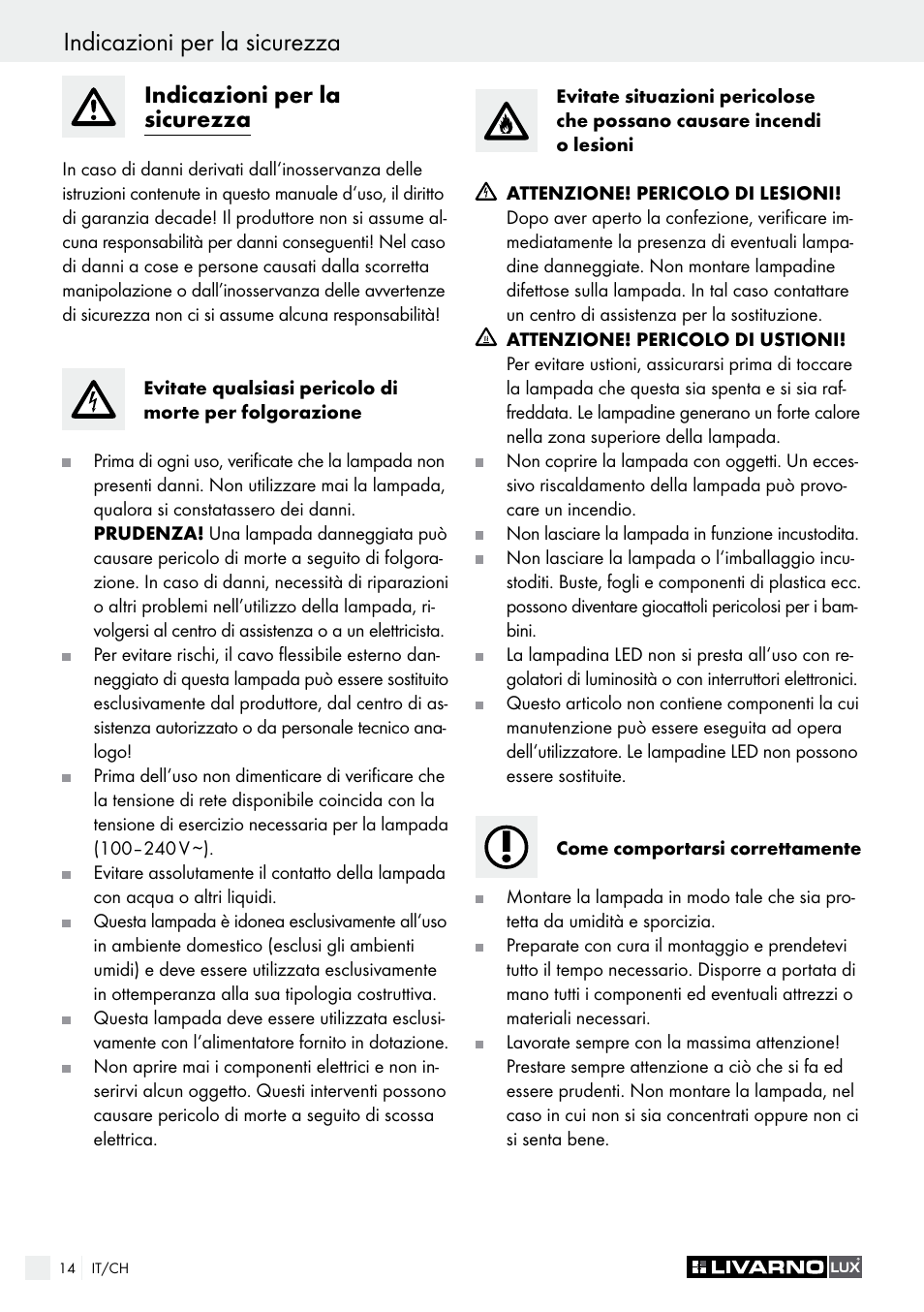 Indicazioni per la sicurezza, Messa in funzione / manutenzione e pulizia | Livarno 1307-022L User Manual | Page 14 / 21