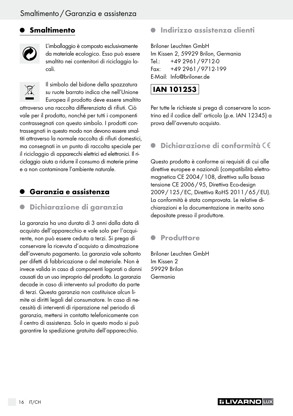 Smaltimento / garanzia e assistenza, Introduction | Livarno 1307-022L User Manual | Page 16 / 21