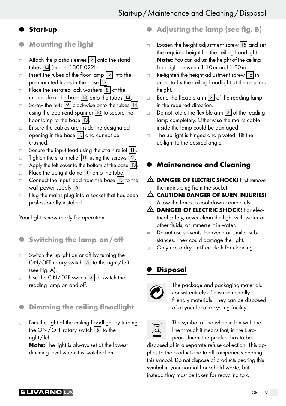 Start-up mounting the light, Switching the lamp, On / off | Dimming the ceiling floodlight, Adjusting the lamp (see fig. b), Maintenance and cleaning, Disposal | Livarno 1307-022L User Manual | Page 19 / 21