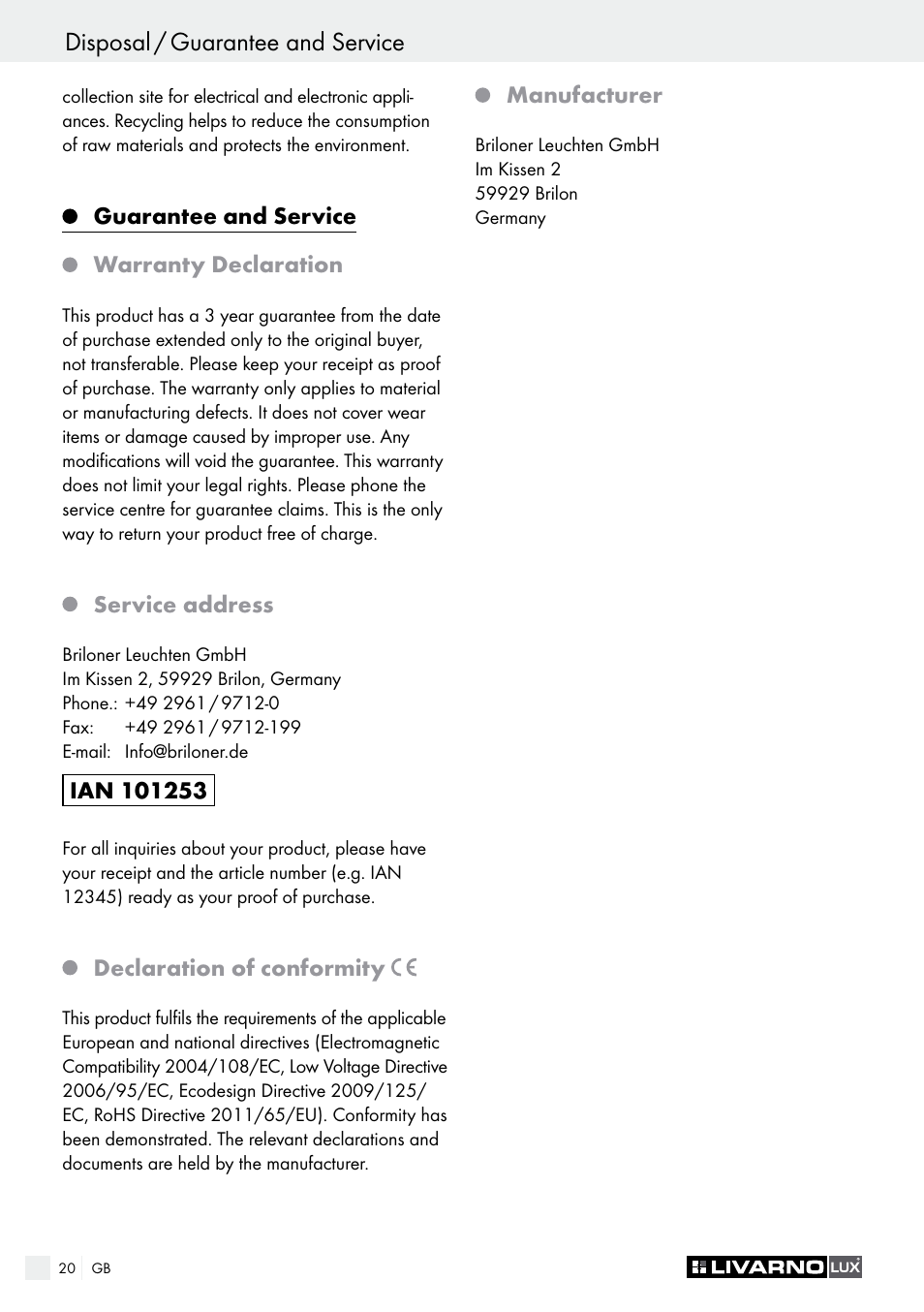 Disposal / guarantee and service | Livarno 1307-022L User Manual | Page 20 / 21