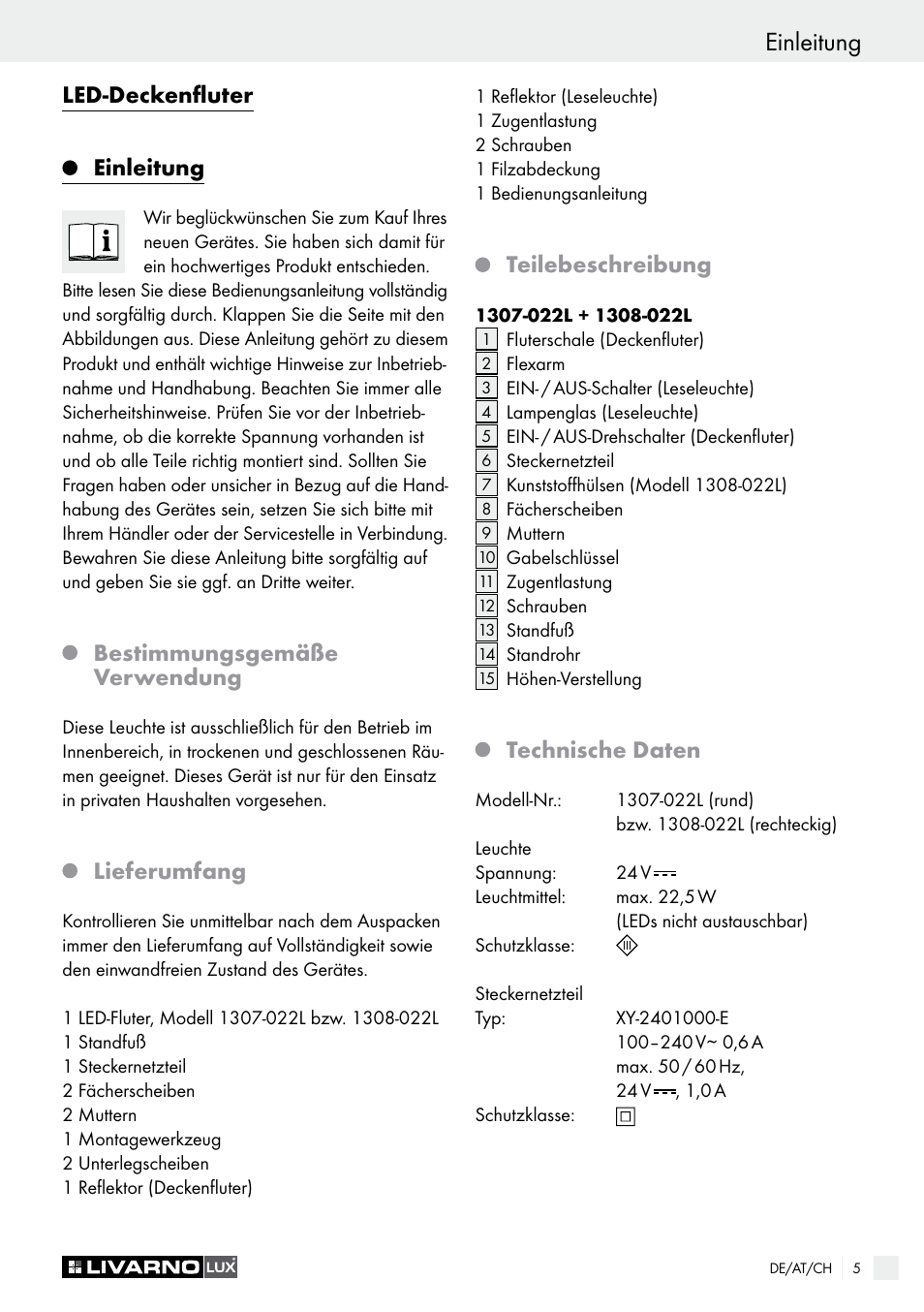 Einleitung, Led-deckenfluter einleitung, Bestimmungsgemäße verwendung | Lieferumfang, Teilebeschreibung, Technische daten | Livarno 1307-022L User Manual | Page 5 / 21