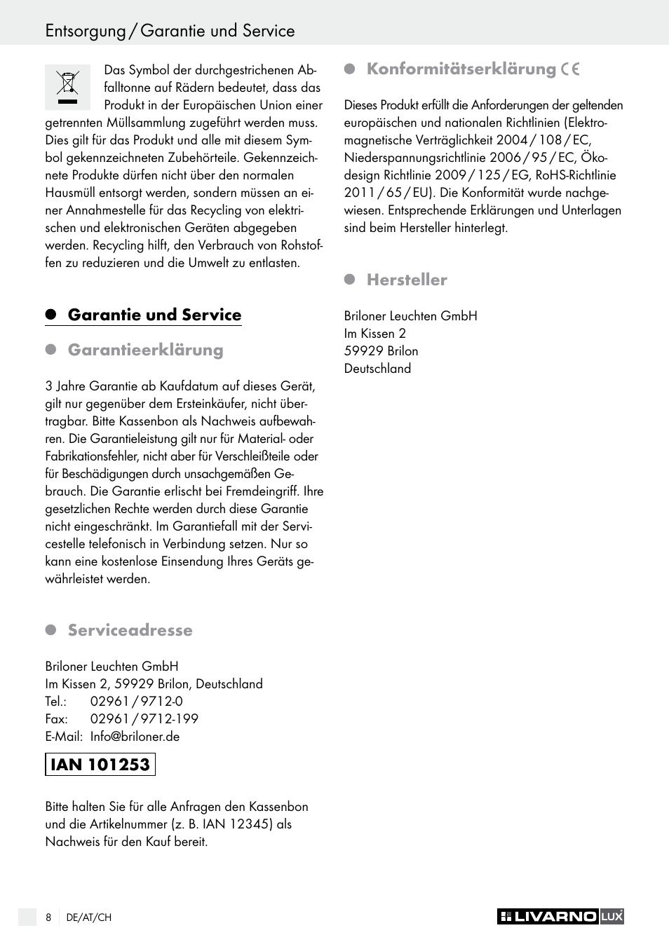 Introduction entsorgung / garantie und service | Livarno 1307-022L User Manual | Page 8 / 21