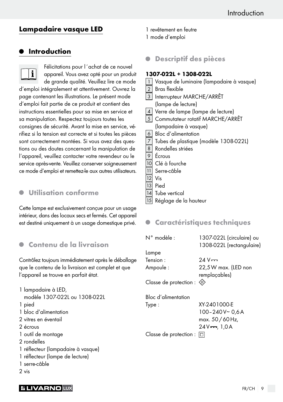 Introduction, Lampadaire vasque led introduction, Utilisation conforme | Contenu de la livraison, Descriptif des pièces, Caractéristiques techniques | Livarno 1307-022L User Manual | Page 9 / 21