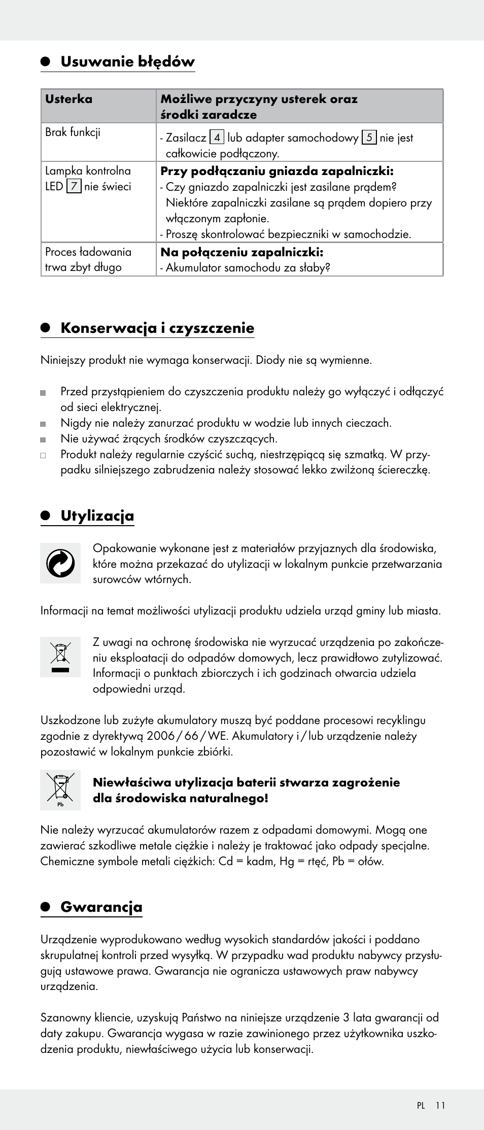 Usuwanie błędów, Konserwacja i czyszczenie, Utylizacja | Gwarancja | Livarno 103745-14-01-BS/103745-14-02-BS User Manual | Page 11 / 34