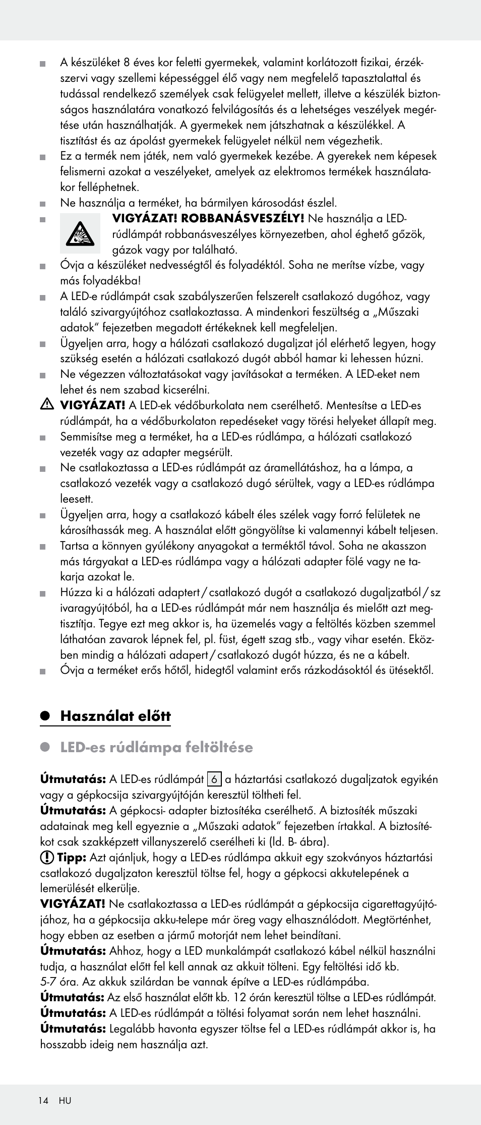 Használat előtt, Led-es rúdlámpa feltöltése | Livarno 103745-14-01-BS/103745-14-02-BS User Manual | Page 14 / 34