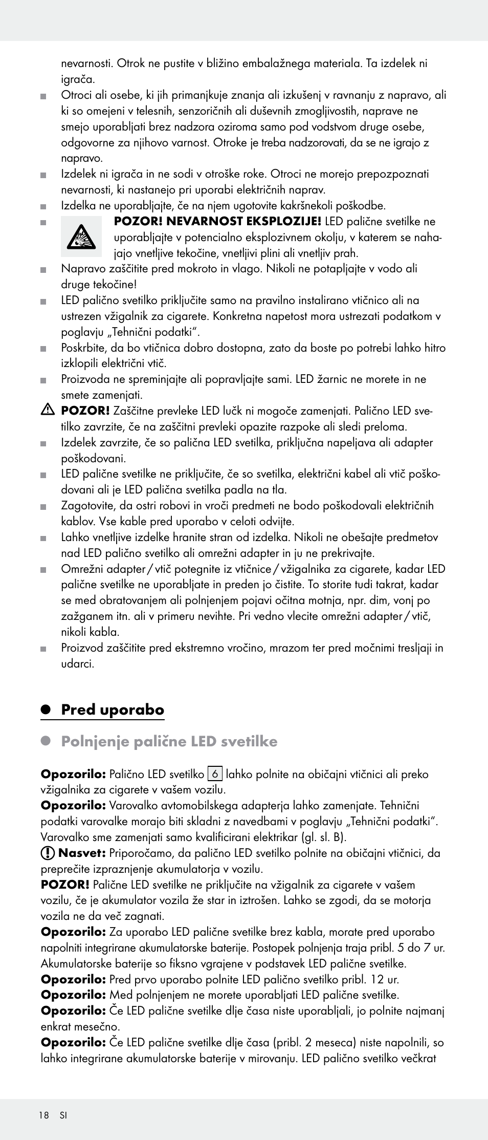 Pred uporabo, Polnjenje palične led svetilke | Livarno 103745-14-01-BS/103745-14-02-BS User Manual | Page 18 / 34