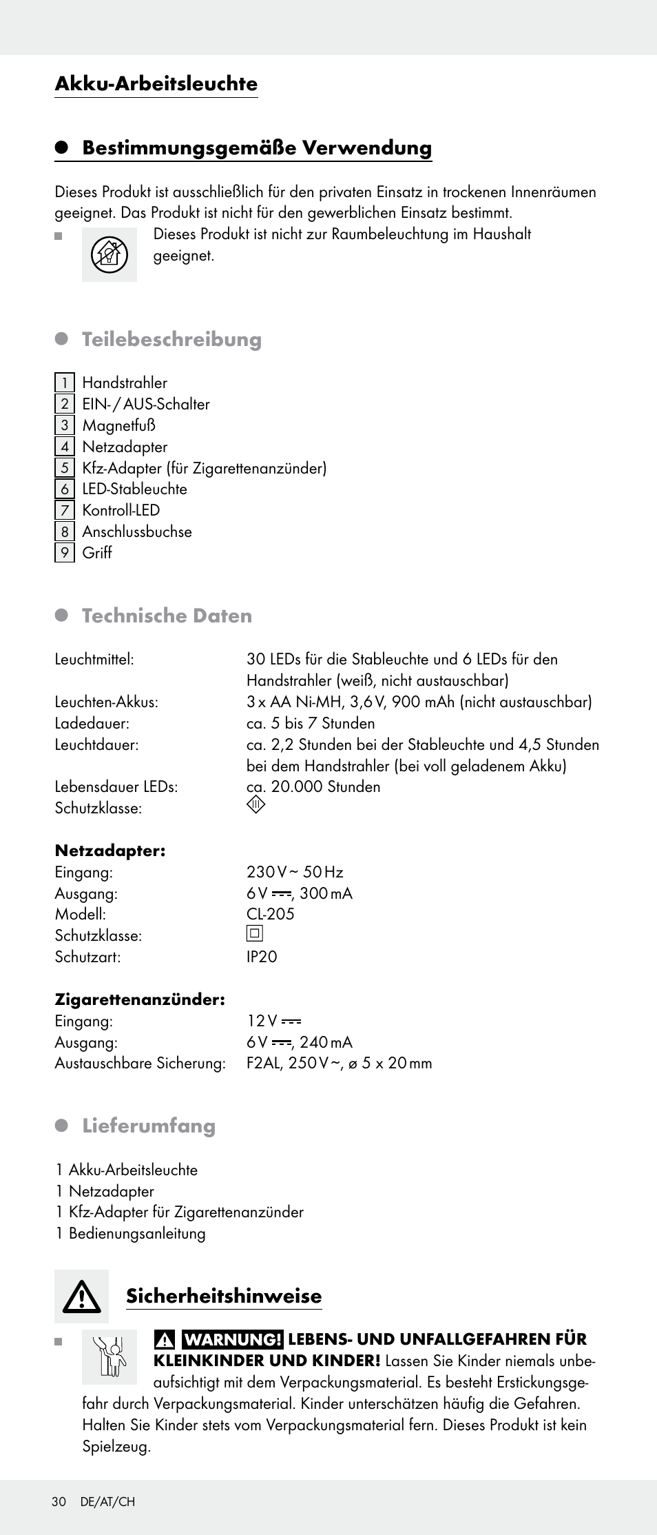 Akku-arbeitsleuchte, Bestimmungsgemäße verwendung, Teilebeschreibung | Technische daten, Lieferumfang, Sicherheitshinweise | Livarno 103745-14-01-BS/103745-14-02-BS User Manual | Page 30 / 34