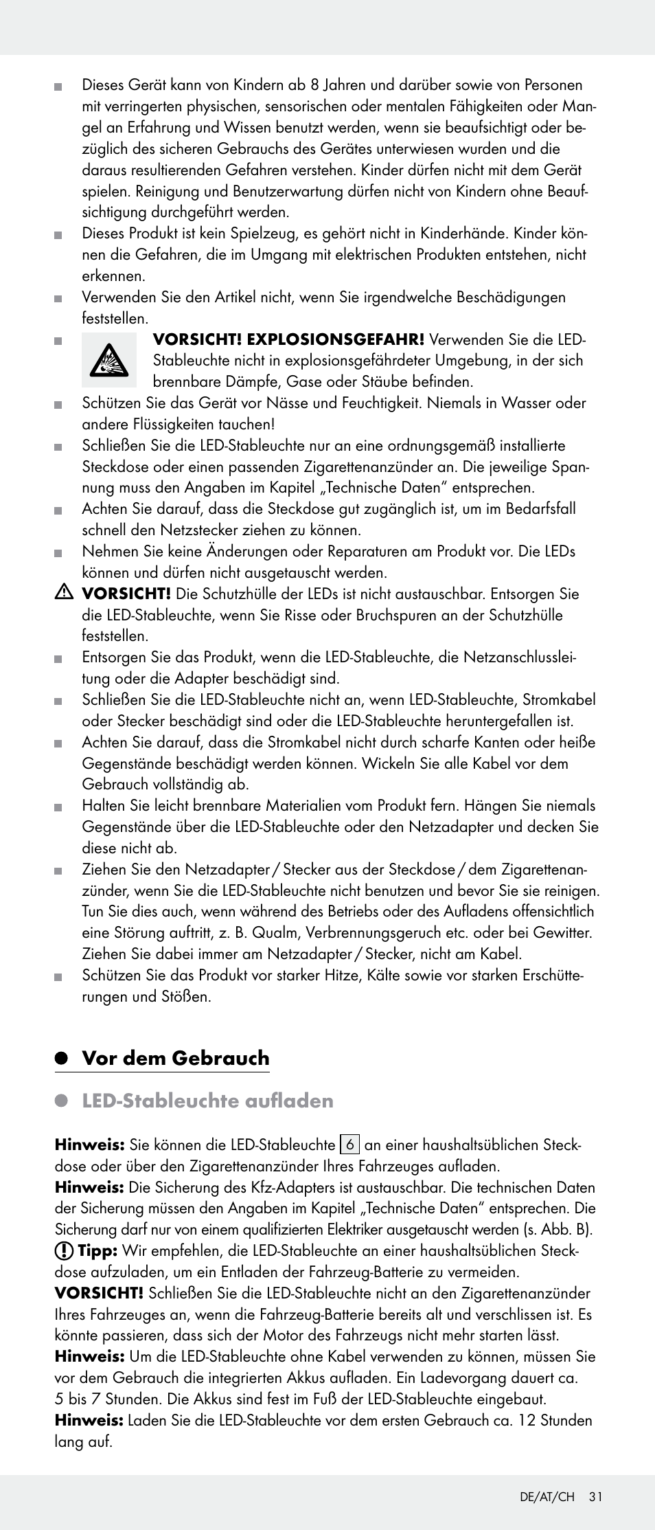 Vor dem gebrauch, Led-stableuchte aufladen | Livarno 103745-14-01-BS/103745-14-02-BS User Manual | Page 31 / 34