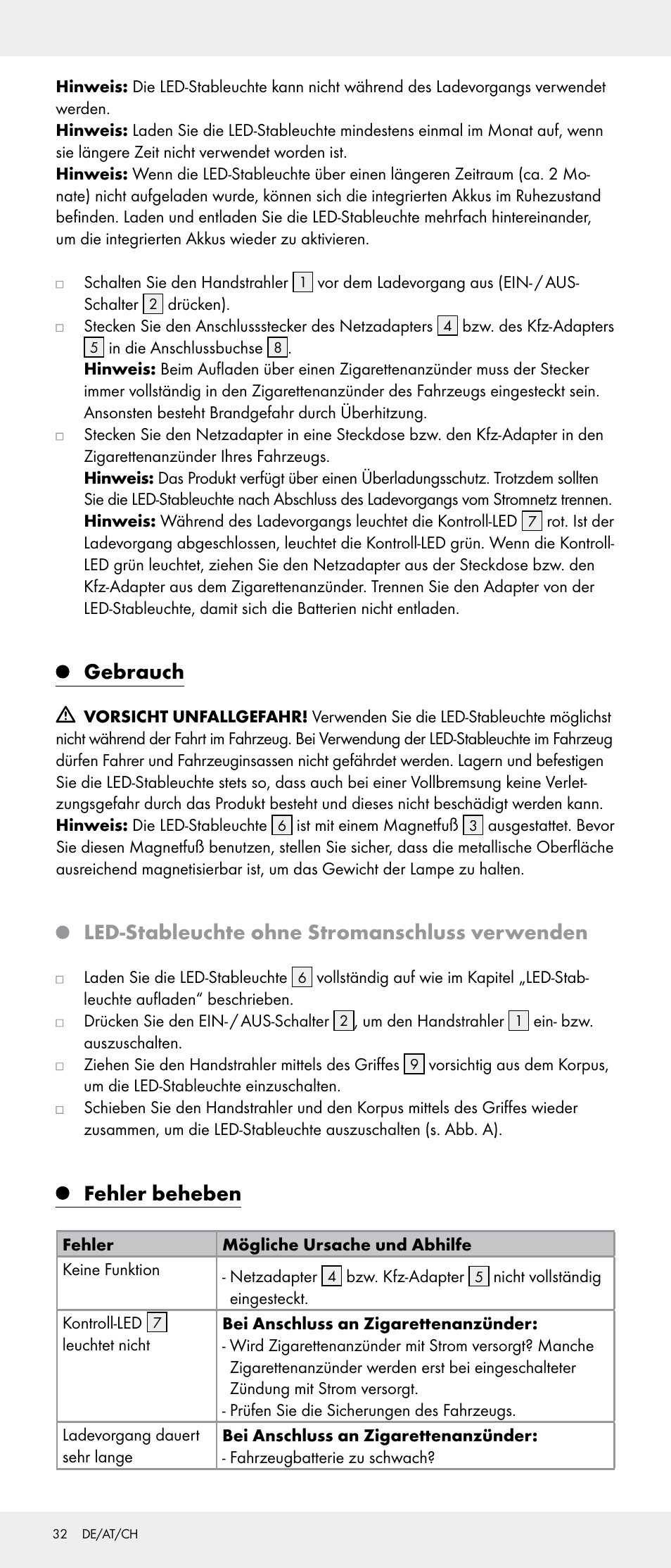 Gebrauch, Led-stableuchte ohne stromanschluss verwenden, Fehler beheben | Livarno 103745-14-01-BS/103745-14-02-BS User Manual | Page 32 / 34