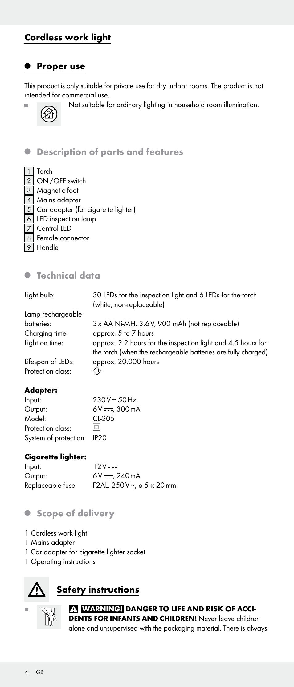 Cordless work light, Proper use, Description of parts and features | Technical data, Scope of delivery, Safety instructions | Livarno 103745-14-01-BS/103745-14-02-BS User Manual | Page 4 / 34