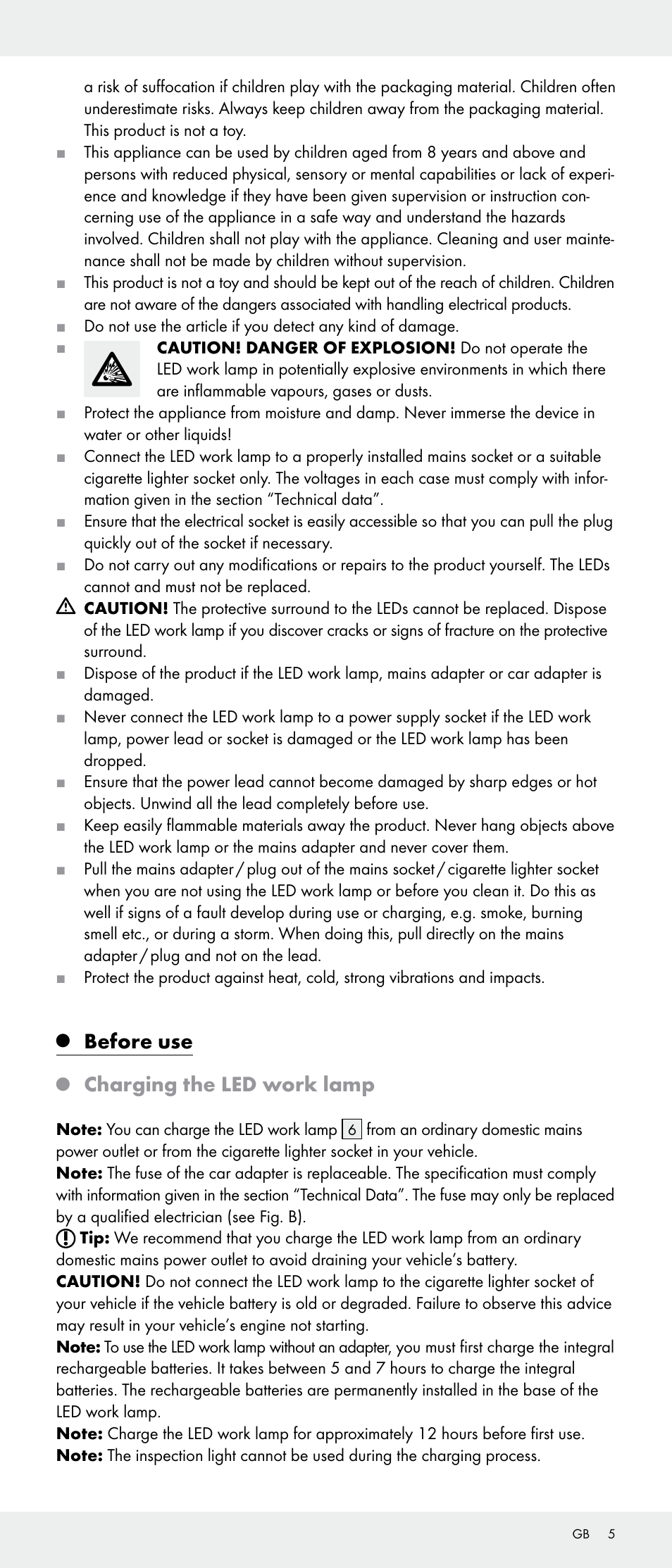 Before use, Charging the led work lamp | Livarno 103745-14-01-BS/103745-14-02-BS User Manual | Page 5 / 34