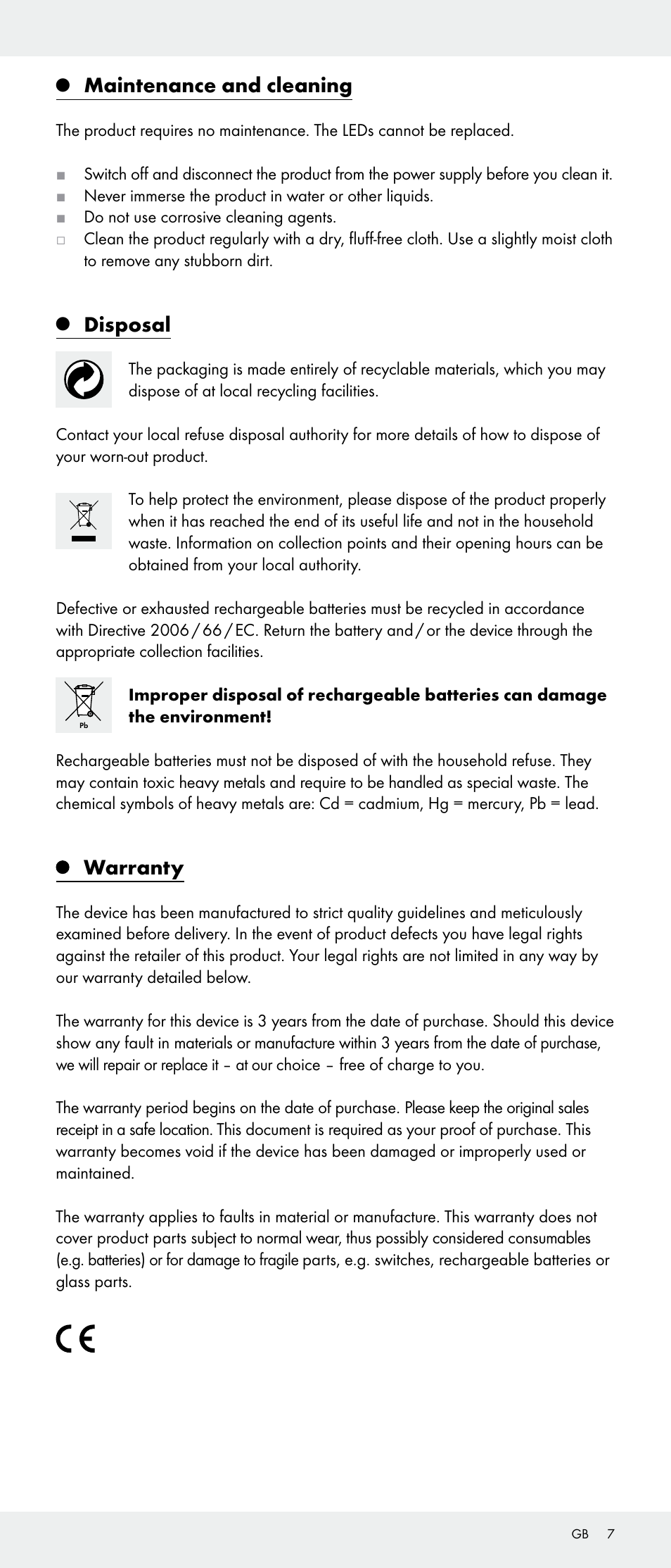 Maintenance and cleaning, Disposal, Warranty | Livarno 103745-14-01-BS/103745-14-02-BS User Manual | Page 7 / 34