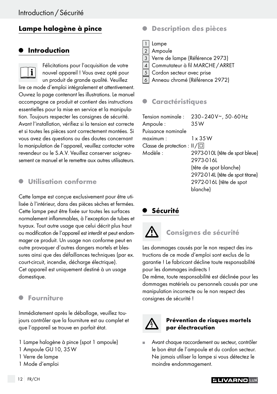 Sécurité / montage introduction / sécurité, Lampe halogène à pince, Introduction | Utilisation conforme, Fourniture, Description des pièces, Caractéristiques, Sécurité, Consignes de sécurité | Livarno 2973-010E User Manual | Page 12 / 29