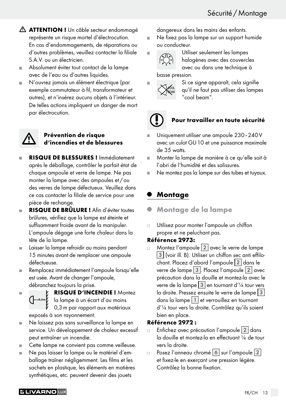 Sécurité / montage introduction / sécurité, Montage, Montage de la lampe | Livarno 2973-010E User Manual | Page 13 / 29