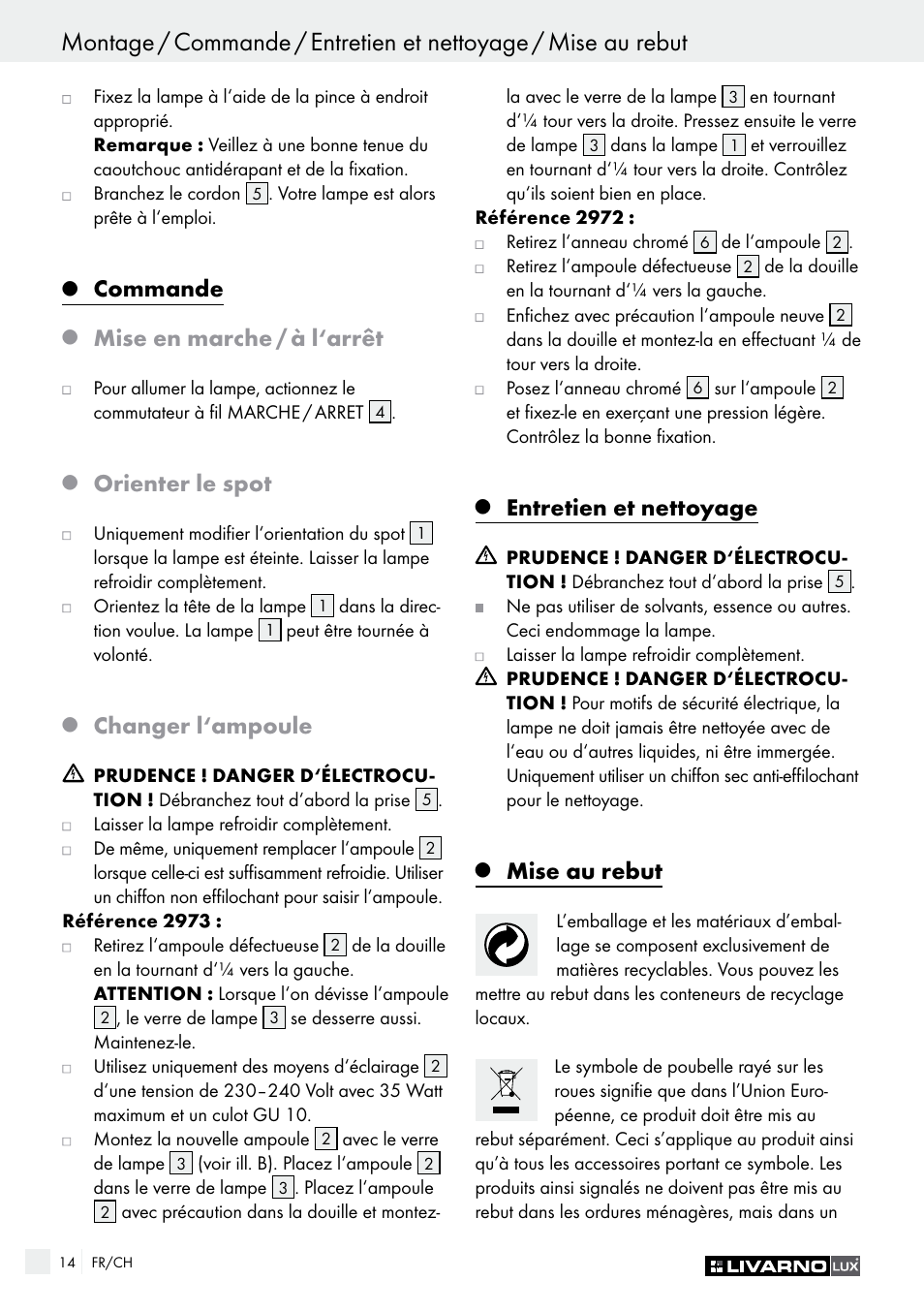 Commande, Mise en marche / à l‘arrêt, Orienter le spot | Changer l‘ampoule, Entretien et nettoyage, Mise au rebut | Livarno 2973-010E User Manual | Page 14 / 29