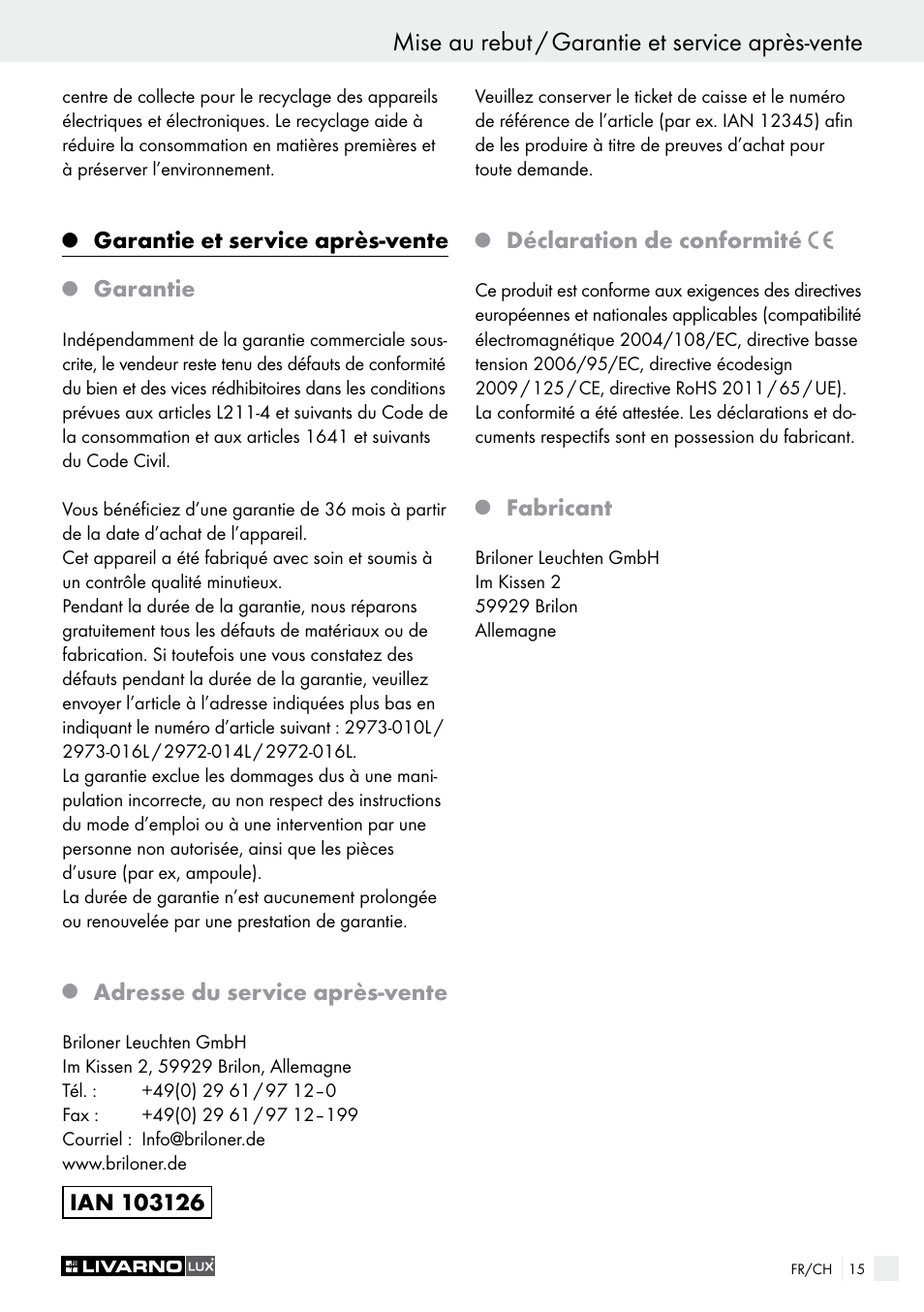 Garantie et service après-vente, Garantie, Adresse du service après-vente | Déclaration de conformité, Fabricant | Livarno 2973-010E User Manual | Page 15 / 29