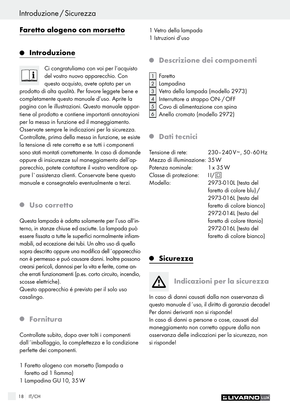 Sicurezza / montaggio introduzione / sicurezza, Faretto alogeno con morsetto, Introduzione | Uso corretto, Fornitura, Descrizione dei componenti, Dati tecnici, Sicurezza indicazioni per la sicurezza | Livarno 2973-010E User Manual | Page 18 / 29