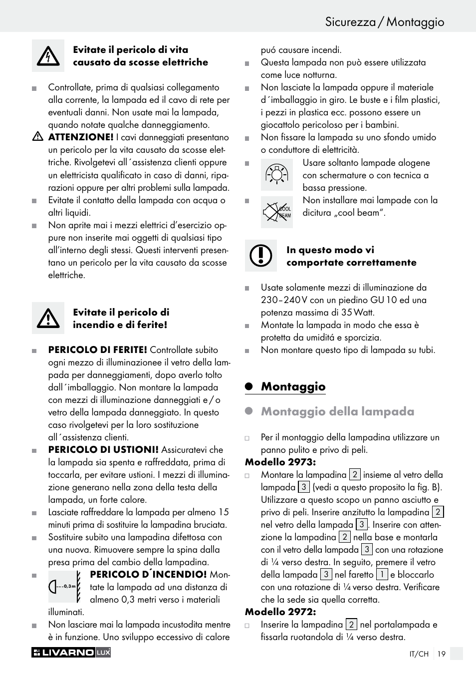 Sicurezza / montaggio introduzione / sicurezza, Montaggio, Montaggio della lampada | Livarno 2973-010E User Manual | Page 19 / 29