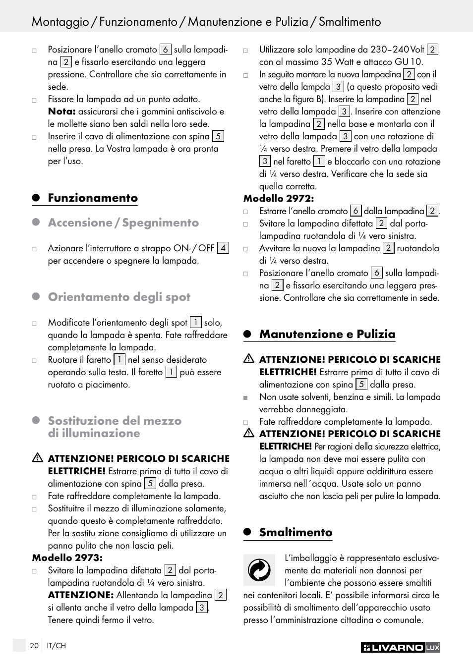 Funzionamento, Accensione / spegnimento, Orientamento degli spot | Sostituzione del mezzo di illuminazione, Manutenzione e pulizia, Smaltimento | Livarno 2973-010E User Manual | Page 20 / 29