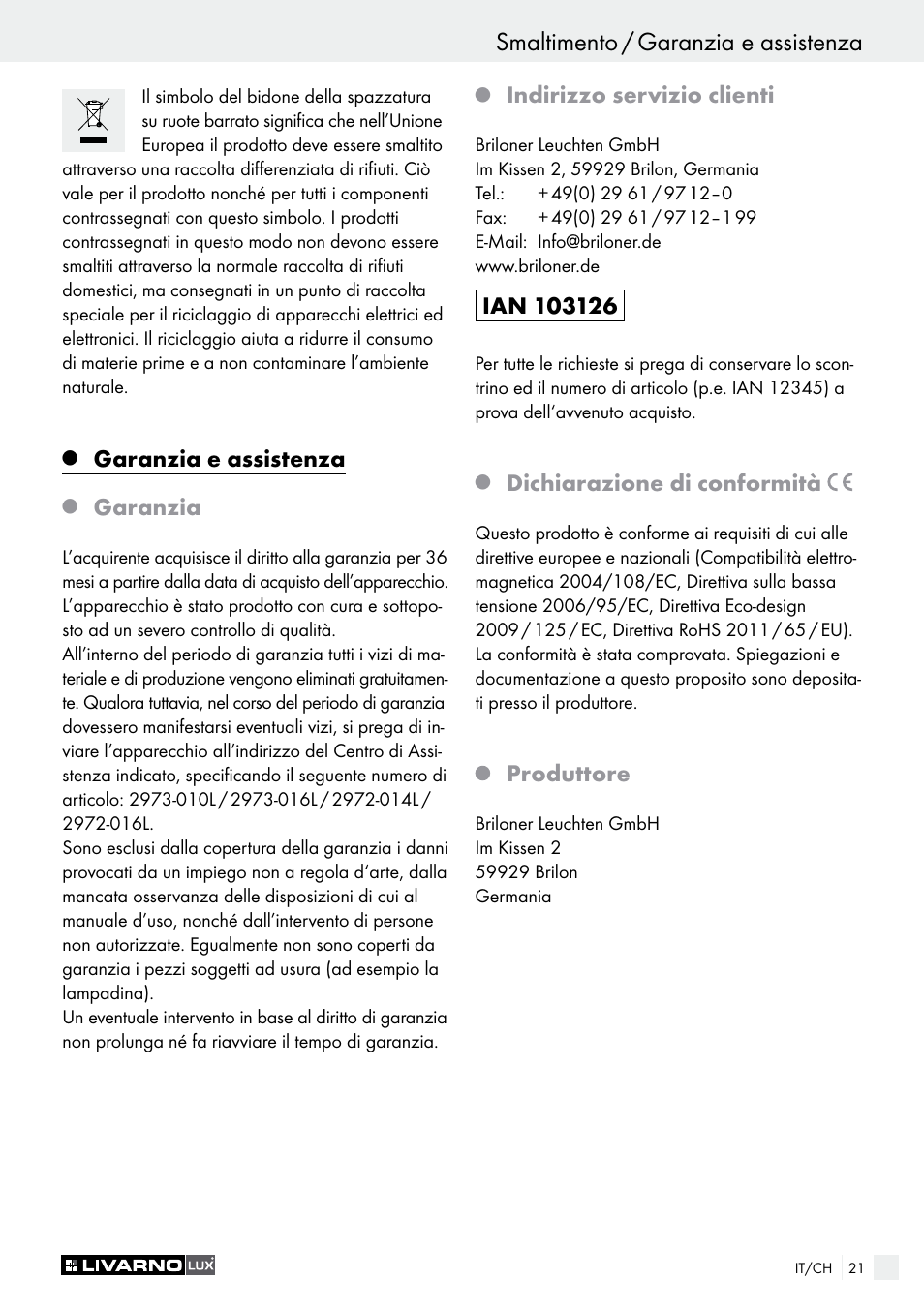 Garanzia e assistenza, Garanzia, Indirizzo servizio clienti | Dichiarazione di conformità, Produttore | Livarno 2973-010E User Manual | Page 21 / 29