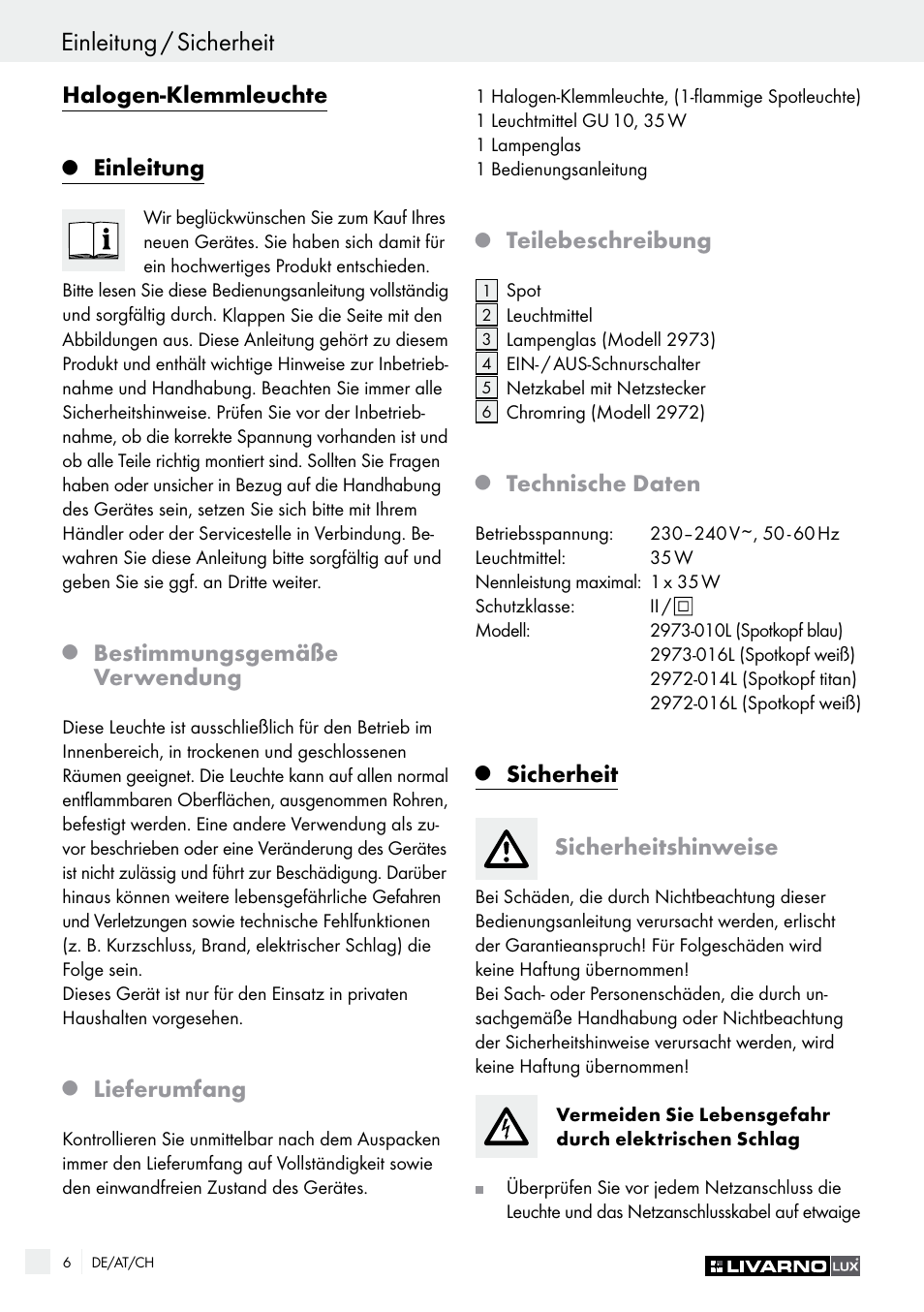 Einleitung / sicherheit sicherheit / montage, Halogen-klemmleuchte, Einleitung | Bestimmungsgemäße verwendung, Lieferumfang, Teilebeschreibung, Technische daten, Sicherheit sicherheitshinweise | Livarno 2973-010E User Manual | Page 6 / 29