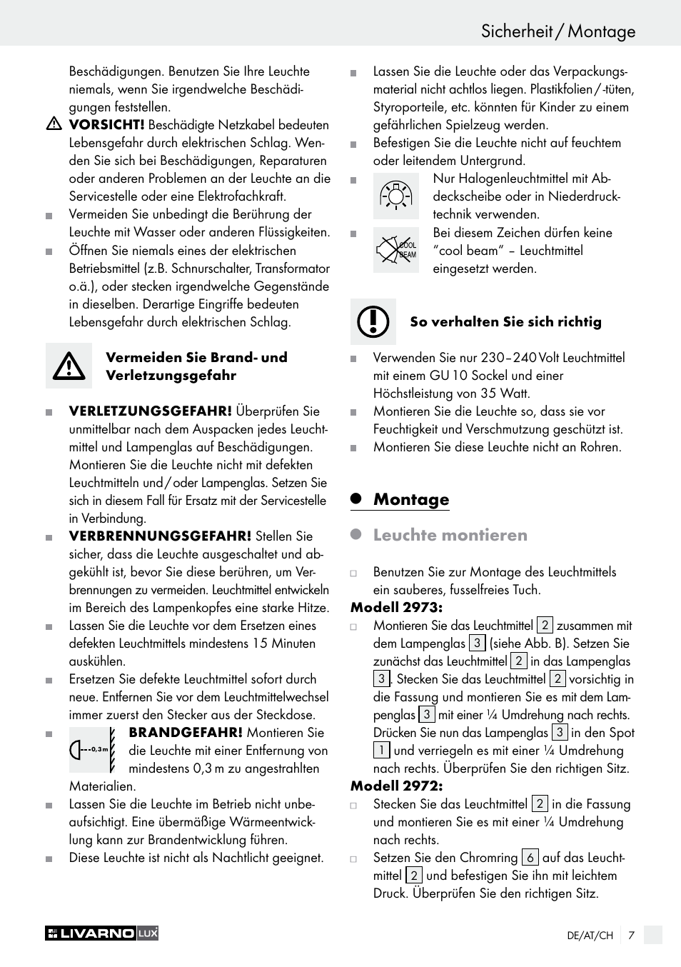 Einleitung / sicherheit sicherheit / montage, Montage, Leuchte montieren | Livarno 2973-010E User Manual | Page 7 / 29