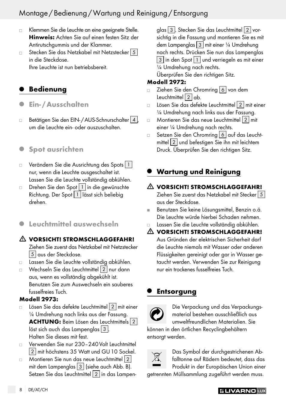 Entsorgung / garantie und service, Bedienung, Ein- / ausschalten | Spot ausrichten, Leuchtmittel auswechseln, Wartung und reinigung, Entsorgung | Livarno 2973-010E User Manual | Page 8 / 29