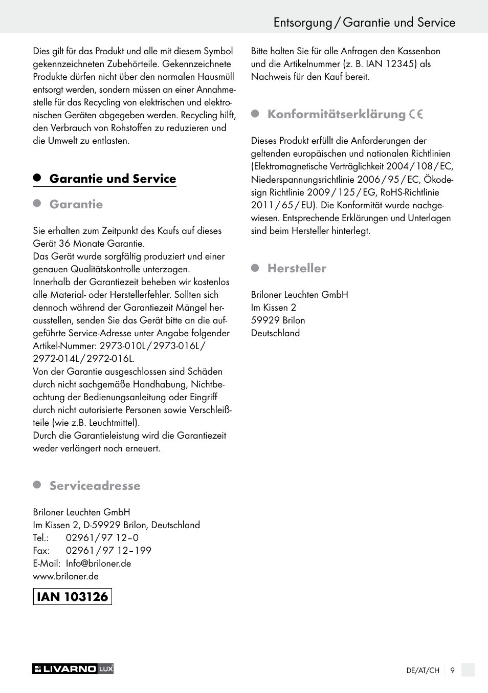 Entsorgung / garantie und service, Garantie und service, Garantie | Serviceadresse, Konformitätserklärung, Hersteller | Livarno 2973-010E User Manual | Page 9 / 29