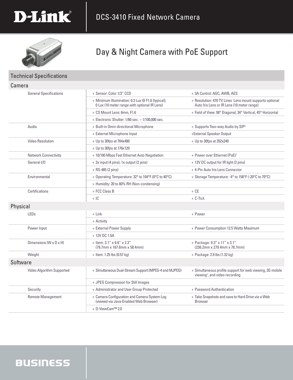 Day & night camera with poe support, Dcs-3410 fixed network camera, Technical specifications camera | Physical, Software | D-Link DCS-3410 User Manual | Page 2 / 3