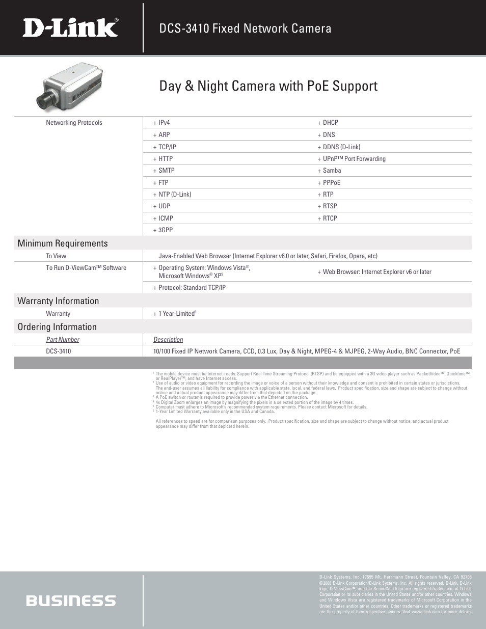 Day & night camera with poe support, Dcs-3410 fixed network camera, Minimum requirements | Warranty information, Ordering information | D-Link DCS-3410 User Manual | Page 3 / 3