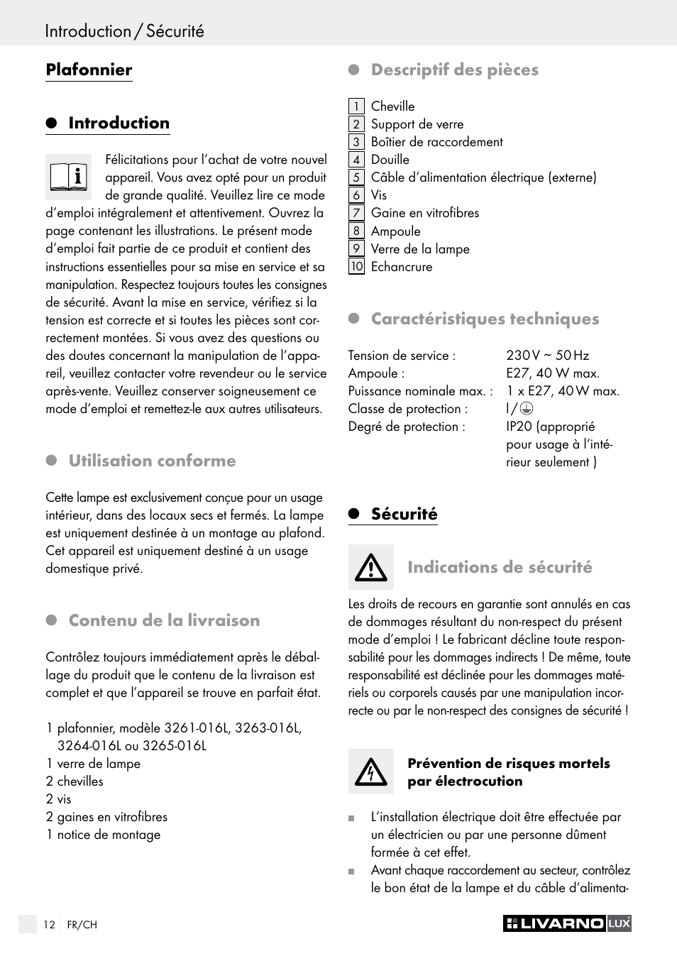 Plafonnier, Introduction, Utilisation conforme | Contenu de la livraison, Descriptif des pièces, Caractéristiques techniques, Sécurité indications de sécurité | Livarno CEILING LIGHT User Manual | Page 12 / 29