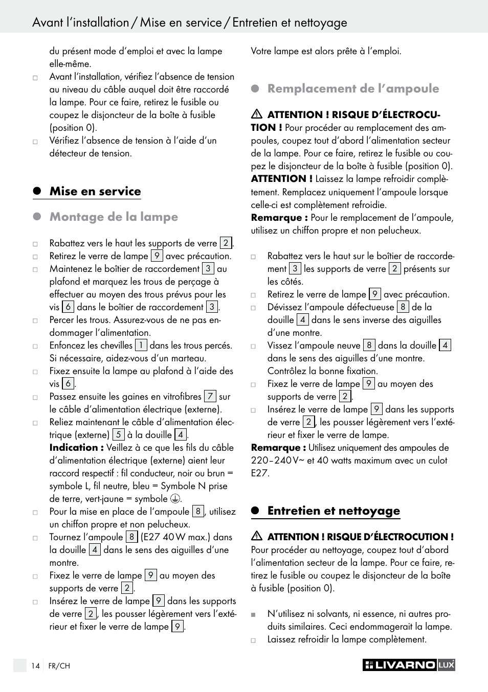 Mise en service, Montage de la lampe, Remplacement de l’ampoule | Entretien et nettoyage | Livarno CEILING LIGHT User Manual | Page 14 / 29