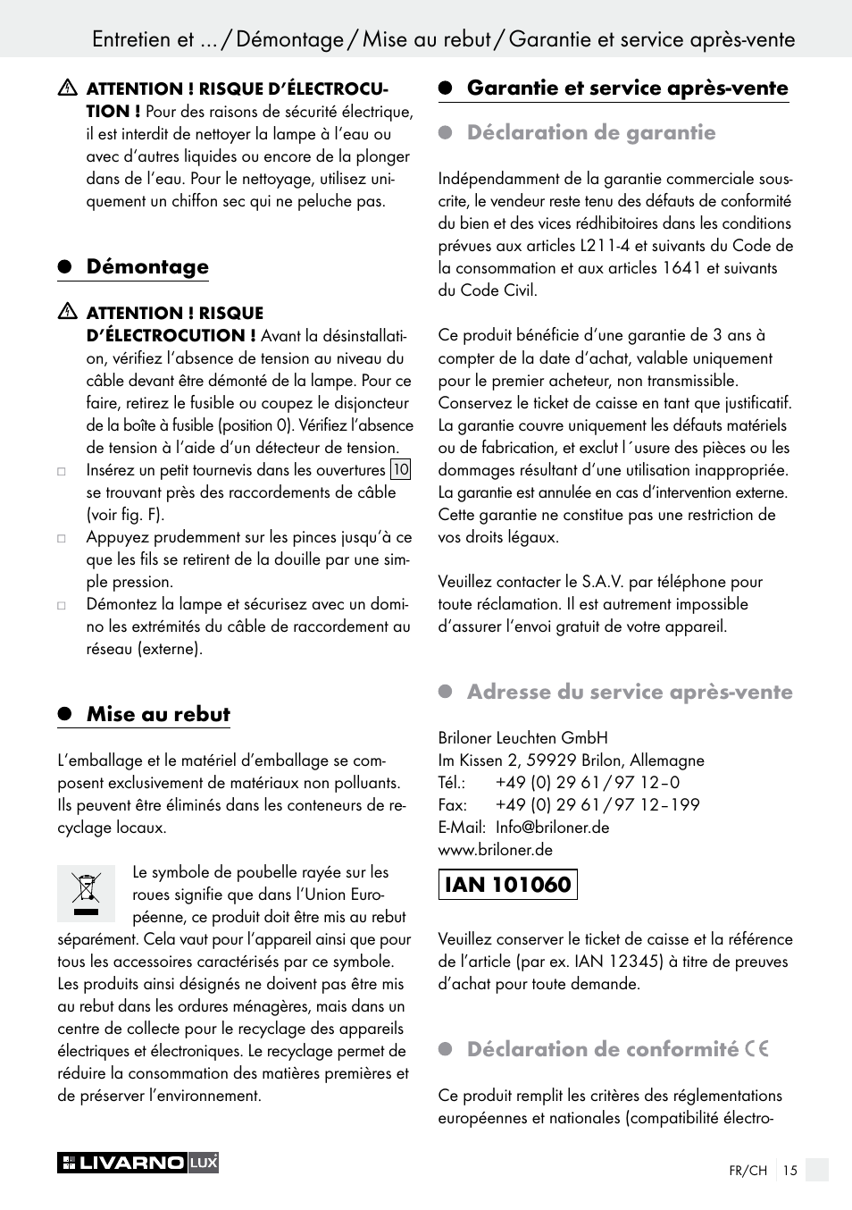 Démontage, Mise au rebut, Adresse du service après-vente | Déclaration de conformité | Livarno CEILING LIGHT User Manual | Page 15 / 29