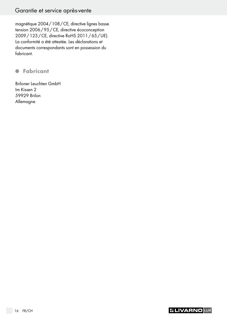 Garantie et service après-vente, Indice, Fabricant | Livarno CEILING LIGHT User Manual | Page 16 / 29