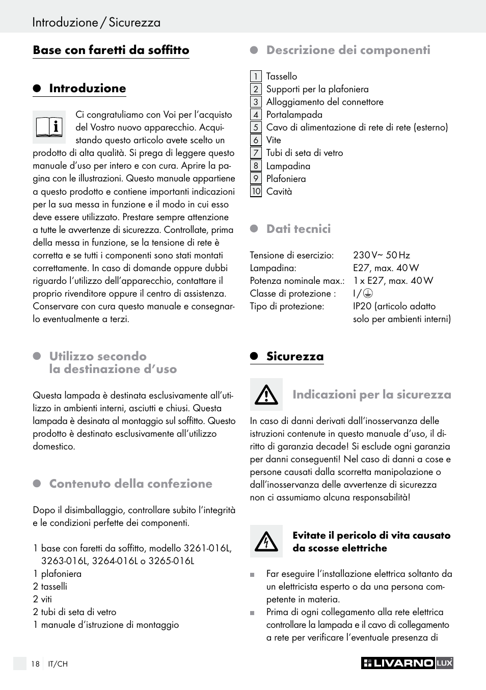 Base con faretti da soffitto, Introduzione, Utilizzo secondo la destinazione d’uso | Contenuto della confezione, Descrizione dei componenti, Dati tecnici, Sicurezza indicazioni per la sicurezza | Livarno CEILING LIGHT User Manual | Page 18 / 29