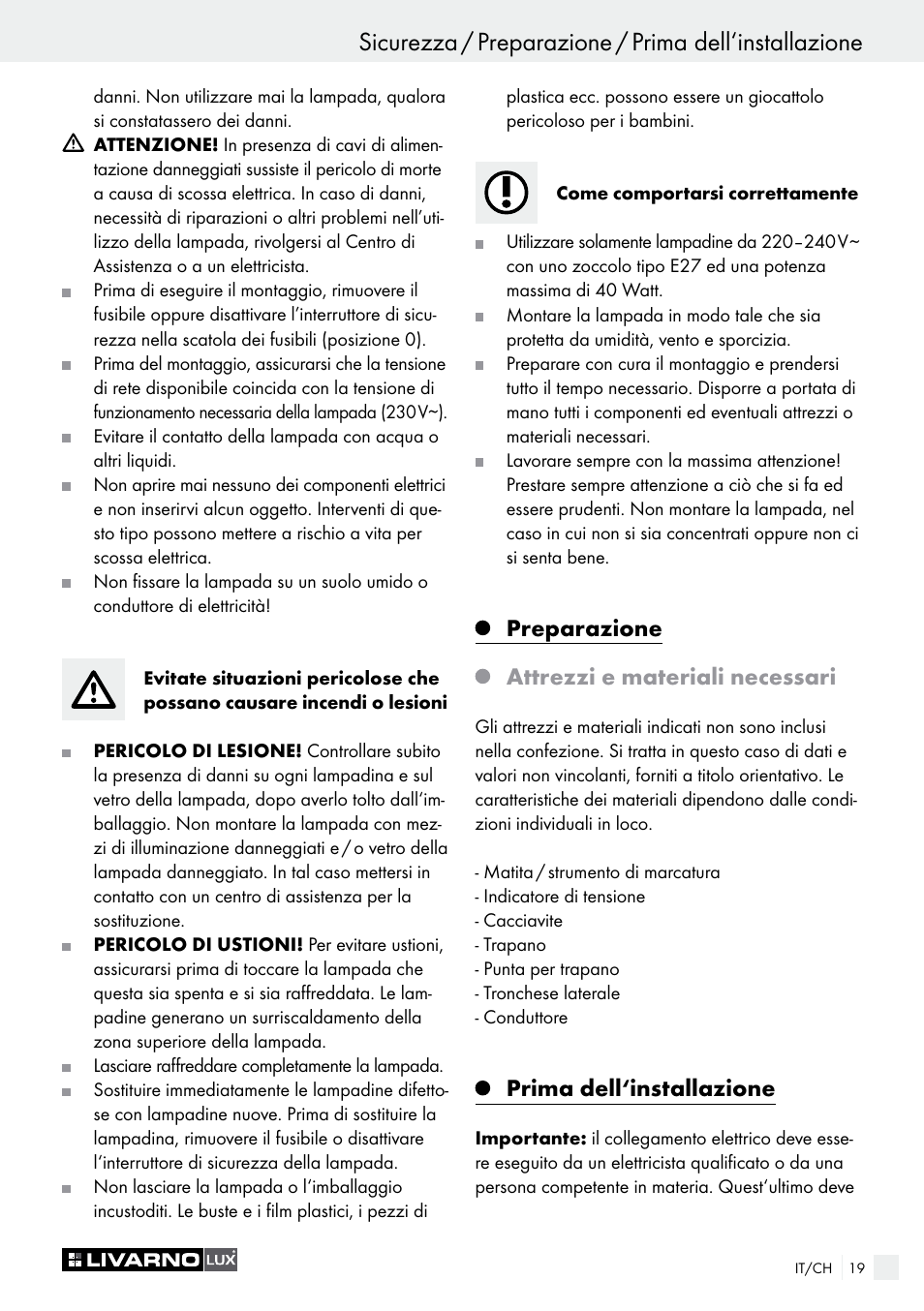 Preparazione, Attrezzi e materiali necessari, Prima dell‘installazione | Livarno CEILING LIGHT User Manual | Page 19 / 29