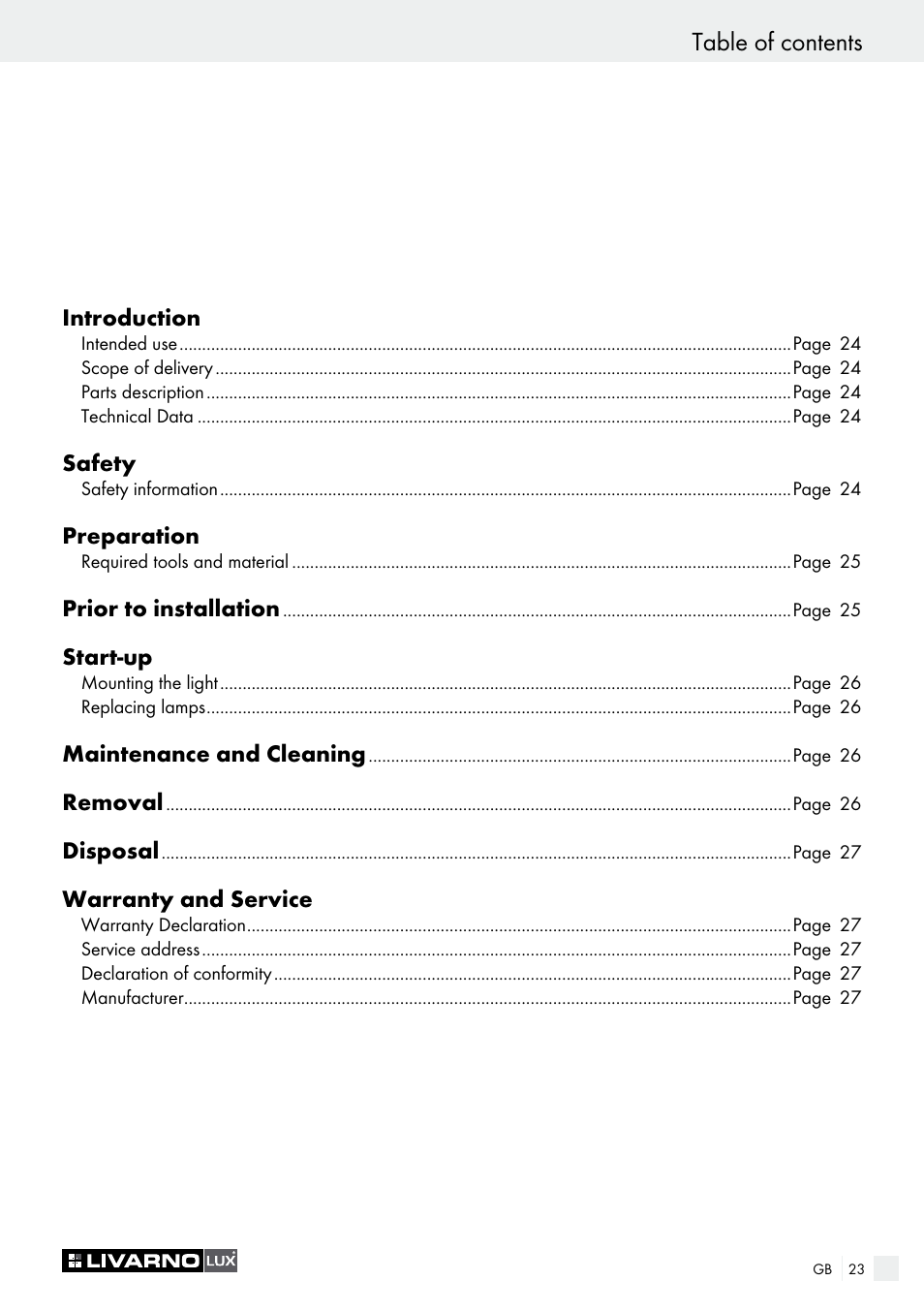 Garanzia e assistenza table of contents | Livarno CEILING LIGHT User Manual | Page 23 / 29