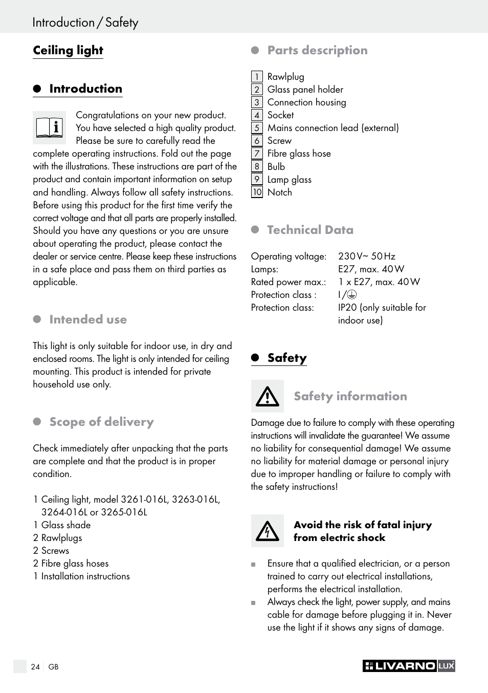 Ceiling light, Introduction, Intended use | Scope of delivery, Parts description, Technical data, Safety safety information | Livarno CEILING LIGHT User Manual | Page 24 / 29