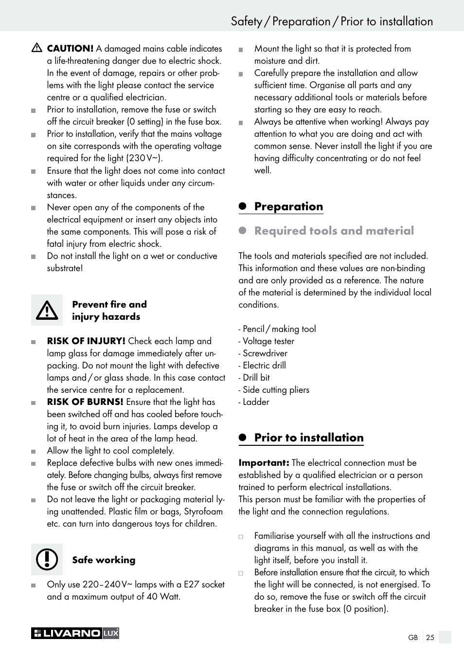 Preparation, Required tools and material, Prior to installation | Livarno CEILING LIGHT User Manual | Page 25 / 29