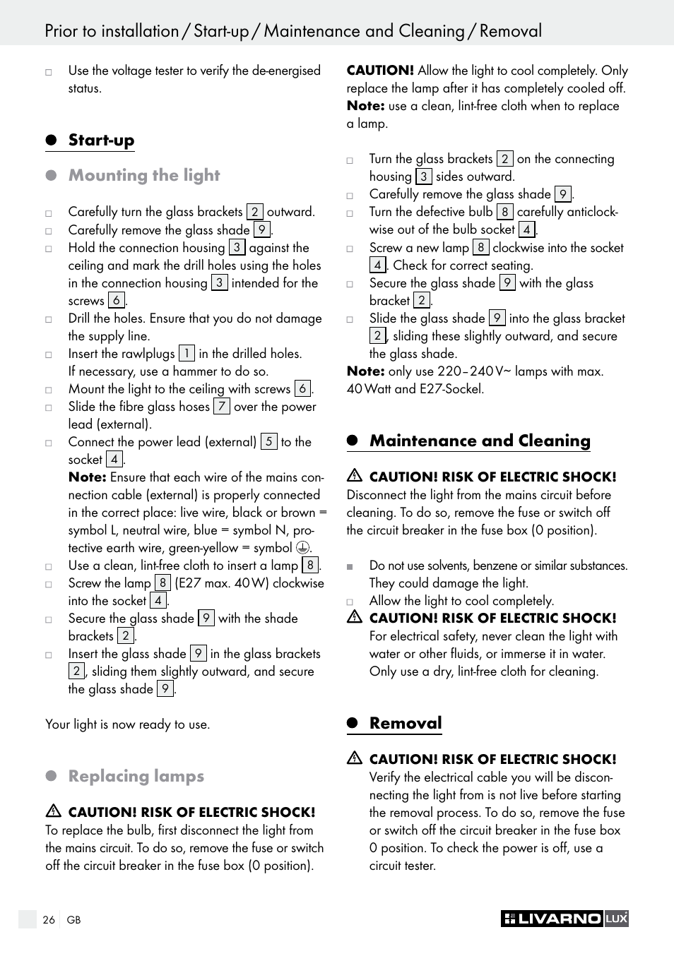 Start-up, Mounting the light, Replacing lamps | Maintenance and cleaning, Removal | Livarno CEILING LIGHT User Manual | Page 26 / 29