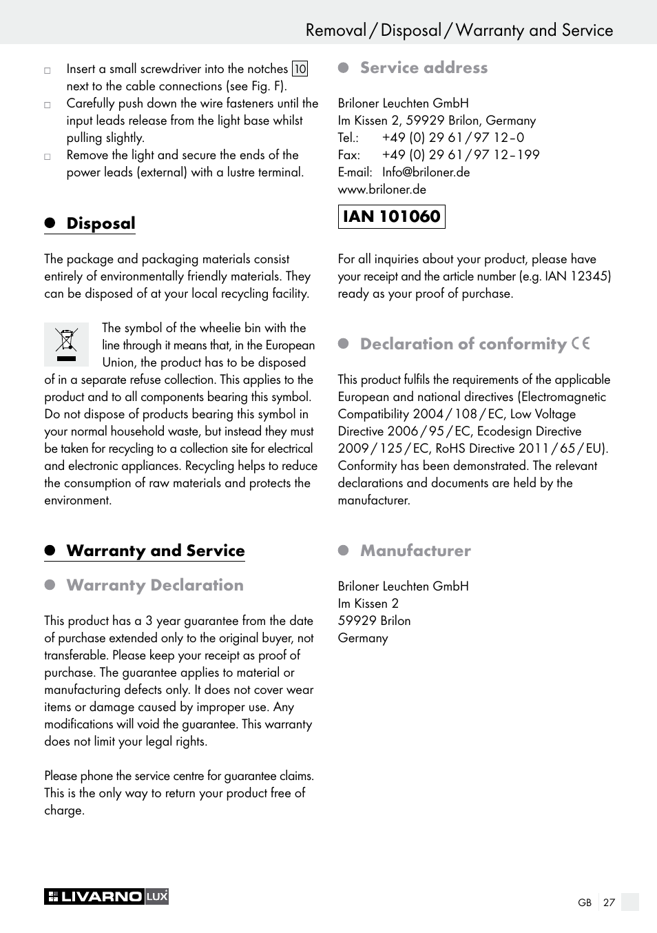 Disposal, Warranty and service warranty declaration, Service address | Declaration of conformity, Manufacturer | Livarno CEILING LIGHT User Manual | Page 27 / 29