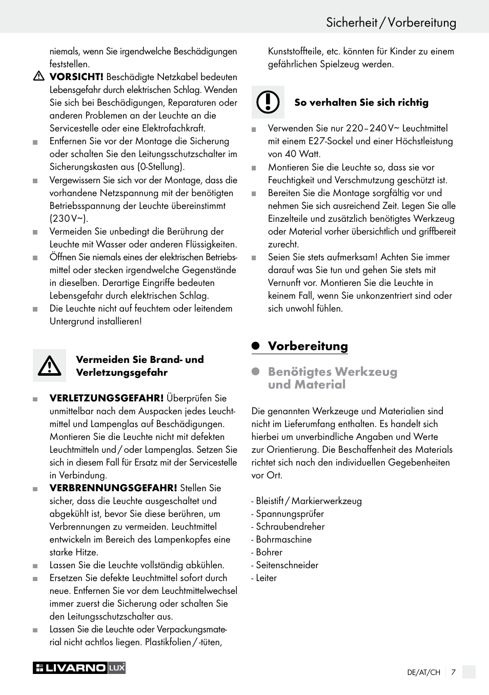 Einleitung / sicherheit sicherheit / vorbereitung, Vorbereitung, Benötigtes werkzeug und material | Livarno CEILING LIGHT User Manual | Page 7 / 29