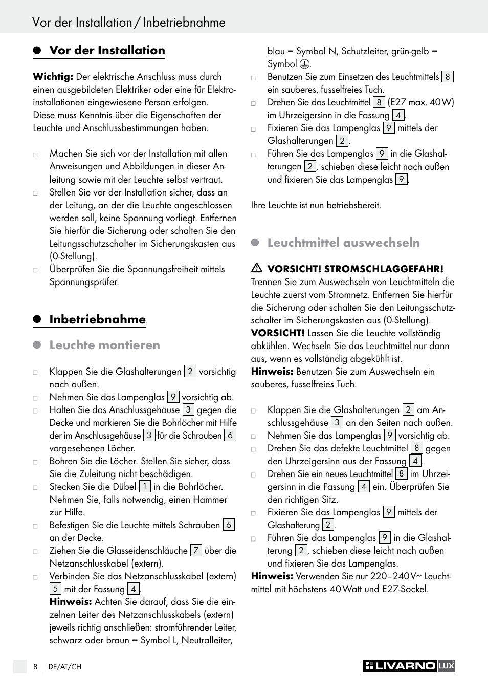 Vor der installation, Inbetriebnahme, Leuchte montieren | Leuchtmittel auswechseln | Livarno CEILING LIGHT User Manual | Page 8 / 29