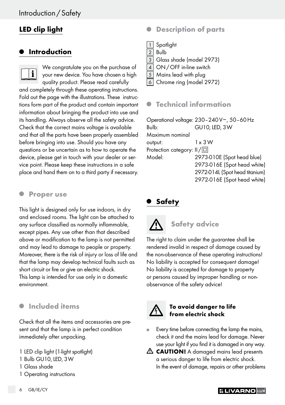 Introduction / safety, Led clip light, Introduction | Proper use, Included items, Description of parts, Technical information, Safety, Safety advice | Livarno 2973-010E User Manual | Page 6 / 17