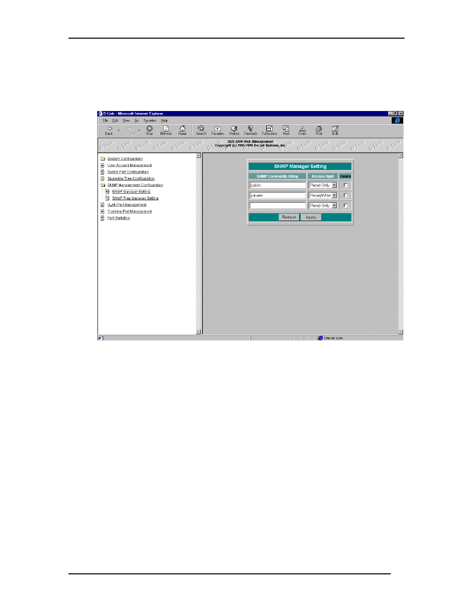 Snmp management configuration menu | D-Link DES-5200 User Manual | Page 121 / 144