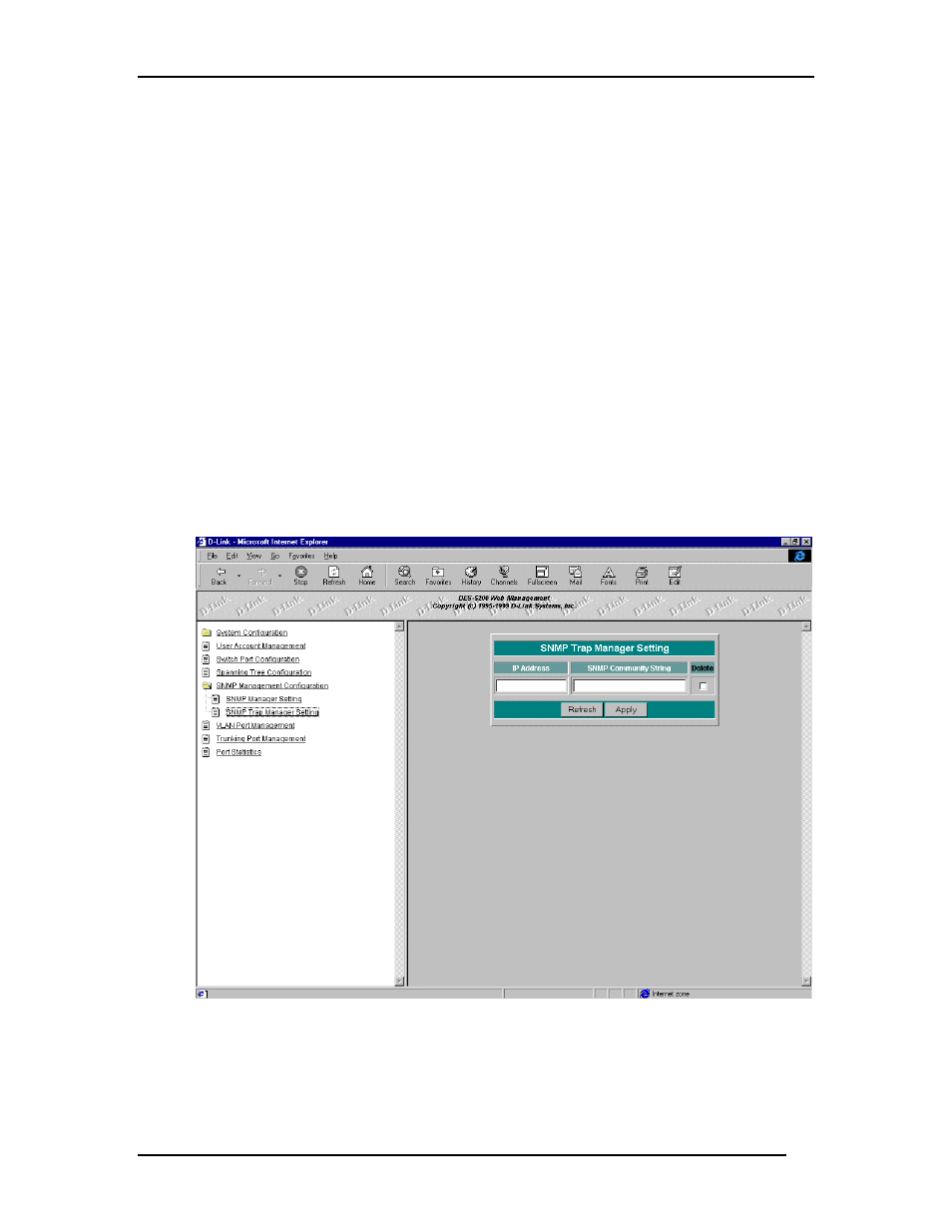 Snmp trap manager setting | D-Link DES-5200 User Manual | Page 122 / 144